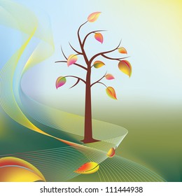 autumn tree and leaf on wind in light sunny rays abstract vector