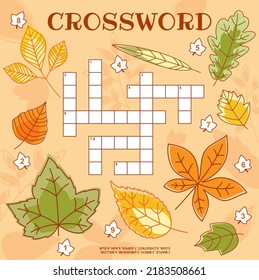 Autumn tree leaves crossword grid worksheet, find a word quiz game. Vector search puzzle for children leisure with cartoon maple, chestnut, birch, viburnum, oak, aspen, elm, ash and willow fallen leaf