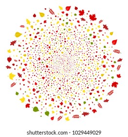Autumn Tree Leaves exploding spheric cluster. Object pattern made from random autumn tree leaves design elements as exploding globula. Vector illustration style is flat iconic symbols.