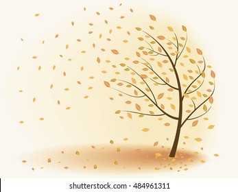 Autumn Tree Leaves Are Falling, The Wind. Vector Illustration On A Beige Background.