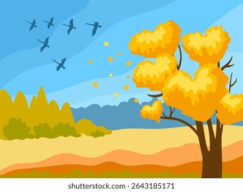 An autumn tree with leaves in the form of a heart is seen off by flying cranes. Vector conceptual illustration. Hand drawing, not AI.