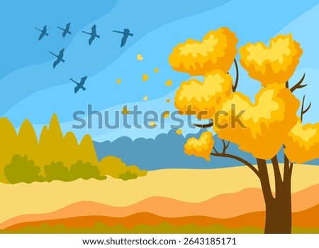An autumn tree with leaves in the form of a heart is seen off by flying cranes. Vector conceptual illustration. Hand drawing, not AI.