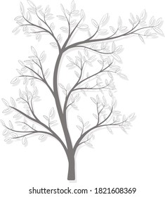 Autumn tree with leaves in gray with shadow on a white background
