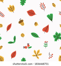 Autumn tree leaves and plants vector seamless. Colorful garden leaves background. Symbol of season pattern.