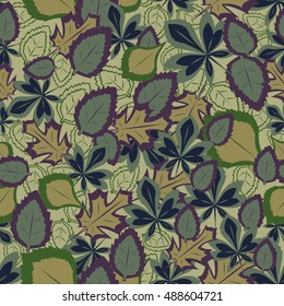 Autumn tree leaves seamless pattern in green hues. Leaf fall seamless background. Thanksgiving day background.