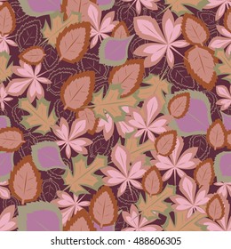 Autumn tree leaves seamless pattern in lilac hues. Leaf fall seamless texture. Thanksgiving Day background.