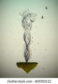 autumn tree looks like woman holding the bird and growing on flying rock, tree character, saying goodbye with bird, fairytale plant, vector