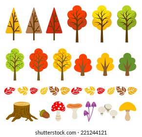 Autumn tree and mushroom set