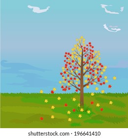 autumn tree on a background of grass and autumn sky, vector