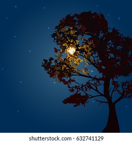 Autumn tree on a background lunar night and the starry sky. 
