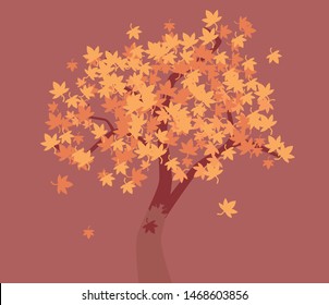 Autumn tree on brown background with bright leaves. Vector illustration for website, postcard or logo. Soft, calm colors