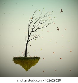 autumn tree on the flying rock and birds flying out, fairy autumn, vector