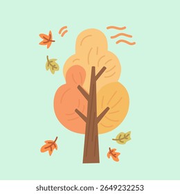 Autumn tree with orange leaves blowing in the wind. Perfect for educational content, seasonal posters, or children’s fall learning materials.