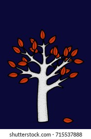 Autumn tree with orange leaves on a dark blue background and one fallen leaf