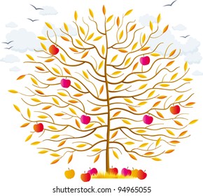 Autumn tree with orange leaves and red apples