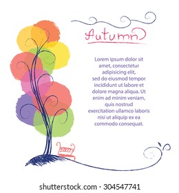 Autumn tree page design. Grunge paint abstract tree. Bench under tree. Vector illustration. Autumn day.Park, outdoor. Hand drawn. Watercolor splashes ans blotches. Isolated on white.
