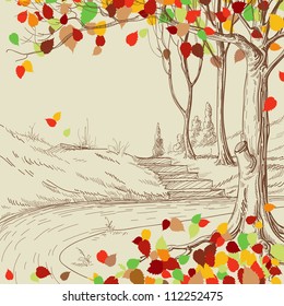 Autumn tree in the park sketch, bright leaves falling