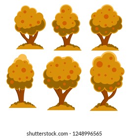 Autumn tree. Plants with yellow and red leaves. Beautiful season of the year. Element of Park, forest and nature. Set of wood with low bushes. Cartoon flat illustration