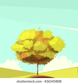 Autumn tree with root on field in sunny weather retro cartoon flat vector illustration