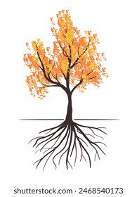 Árbol de otoño con raíces y hojas Ilustración vectorial