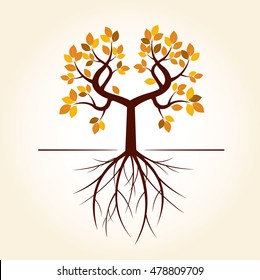 Autumn Tree and Roots. Vector Illustration.