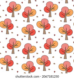 Autumn Tree Seamless Pattern. Leaves falling. Cartoon, doodle, cute, hand drawn.