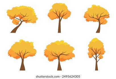 Conjunto de árbol de otoño. Colección de árbol aislado sobre un fondo blanco. Cada especie de árboles. Un árbol con hojas de color naranja. Naturaleza o temas de estilo de vida saludable. Estilo de diseño plano de Ilustración vectorial