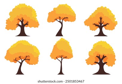 Autumn tree set. Collection of tree isolated on a white background. Each species of trees. A tree with orange leaves. Nature or healthy lifestyle topics. Vector illustration flat design style