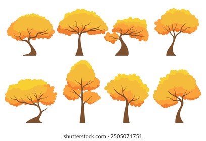 Autumn tree set. Collection of tree isolated on a white background. Each species of trees. A tree with orange leaves. Nature or healthy lifestyle topics. Vector illustration flat design style