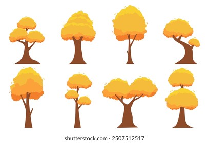Conjunto de árbol de otoño. Colección de árbol aislado sobre un fondo blanco. Cada especie de árboles. Un árbol con hojas de color naranja. Naturaleza o temas de estilo de vida saludable. Estilo de diseño plano de Ilustración vectorial