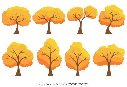 Autumn tree set. Collection of tree isolated on a white background. Each species of trees. A tree with orange leaves. Nature or healthy lifestyle topics. Vector illustration flat design style