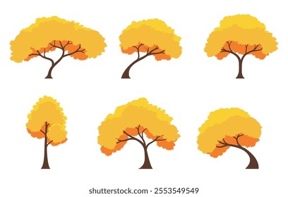 Autumn tree set. Collection of tree isolated on a white background. Each species of trees. A tree with orange leaves. Nature or healthy lifestyle topics. Vector illustration flat design style