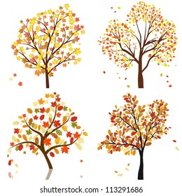 Autumn Tree Set  With Falling Leaves on White Background. Elegant Design with Maple, Oak, Birch Trees and Ideal Balanced Colors. Vector Illustration.