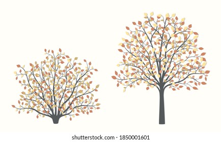 Árbol de otoño y arbusto con hojas rojas y amarillas sobre un fondo claro
