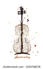  Autumn tree silhouette  looks like violin growing on soil and birds flying away, Autumn melody concept, Autumn music idea, vector