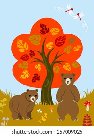 Autumn tree and Two bears