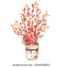 autumn tree in a vase. Sticker autumn leaves, watercolor