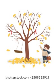 Autumn tree vector. Autumn element. Little boy standing near ginkgo tree in the autumn with falling leaves. Autumn clipart. Flat vector in cartoon style isolated on white background.