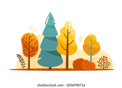 Herbstbaum, Vektorgrafik. Abstrakte helle Herbstlandschaft einzeln auf weißem Hintergrund in einfachem Cartoon-Flachstil. Sonnenlicht-Sicht.