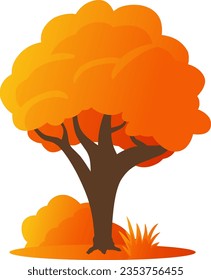 Autumn tree vector illustration. Fall season tree design with bush and grass. Autumn graphic resource for icon, sign, symbol or decoration. Fall season tree for forest, plant or environment design