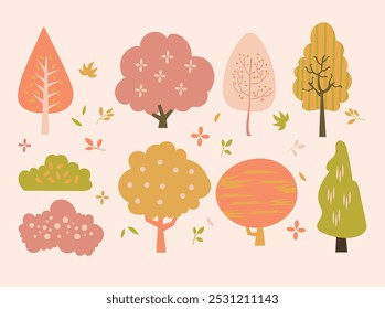 Autumn Tree Vector Set Vibrant Fall Colors Collection, Tree ClipArt Hand Drawn Set. Perfect for greeting cards, packaging, and creating cozy, nature-inspired designs for the fall season