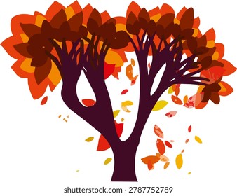 Autumn tree with vibrant red, orange, and brown foliage shedding colorful leaves in a seasonal vector illustration