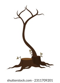 Autumn tree without leaves, with two stumps and roots. Isolated vector illustration. Halloween cartoon tree object.