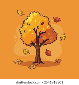 Autumn tree with yellow leaves on orange background. Vector illustration.