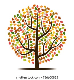 Autumn tree with yellow, orange, brown and green leaves. Vector illustration
