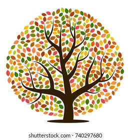Autumn tree with yellow, orange, brown and green leaves. Vector illustration
