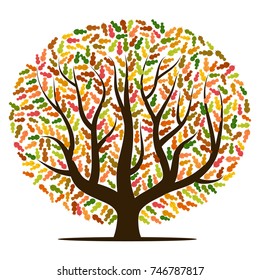 Autumn tree with yellow, orange, brown and green leaves. Vector illustration
