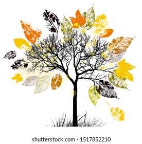 Autumn tree with yellow and orange leaves.. Vector illustration