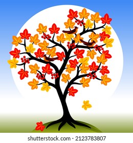 Autumn tree with yellow and red color leaves and berries. Birds on the branches of a tree. Vector illustration.