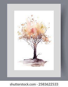 Autumn tree with yellowed foliage grows in park in September on wall art. Watercolor artwork. Print with lonely autumn tree with golden crown symbolizing end of summer, in frame with decor for poster